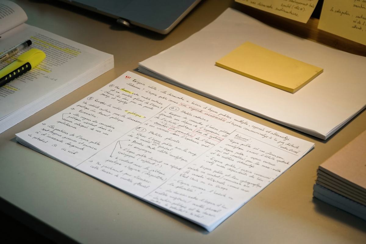 ノートに考えを書き出し、課題を整理するイメージ